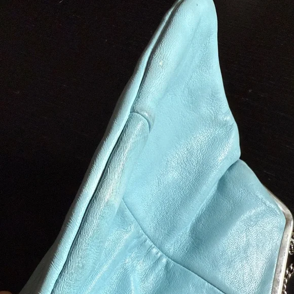 Women’s Elegant Sky Blue Leather Mini Bag. Chain strap. Ball snap clasp. - Picture 5 of 5